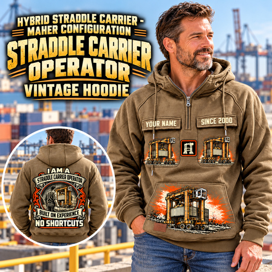 Personalized Kalmar Hybrid Straddle Carrier Vintage Hoodie - Maher Configuration in Kaki, front and back artwork with YOUR NAME and SINCE 2000 sample text.