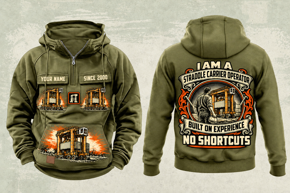 Personalized Kalmar Hybrid Straddle Carrier Vintage Hoodie - Maher Configuration in military-green, front and back artwork with YOUR NAME and SINCE 2000 sample text.