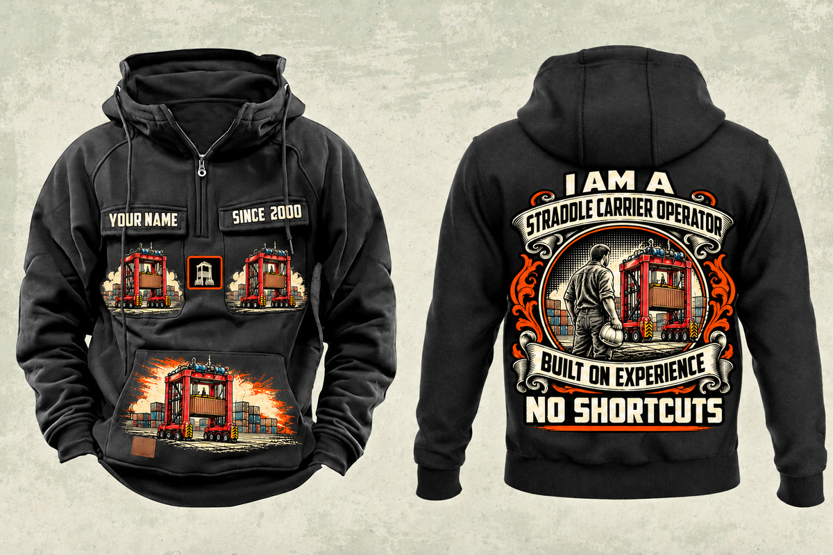 Personalized Kalmar AutoStrad Hybrid Straddle Carrier Vintage Hoodie - TraPac Configuration in black, front and back artwork with YOUR NAME and SINCE 2000 sample text.