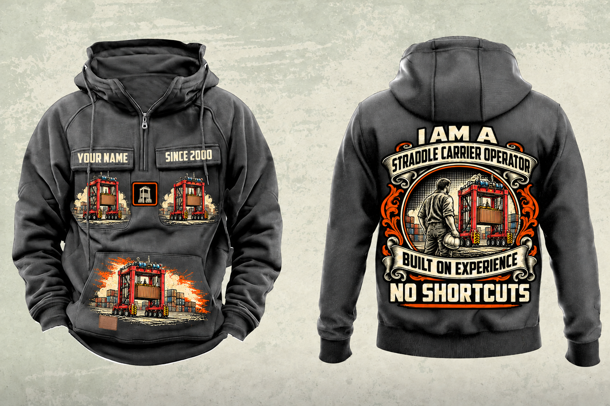 Personalized Kalmar AutoStrad Hybrid Straddle Carrier Vintage Hoodie - TraPac Configuration in dark-gray, front and back artwork with YOUR NAME and SINCE 2000 sample text.