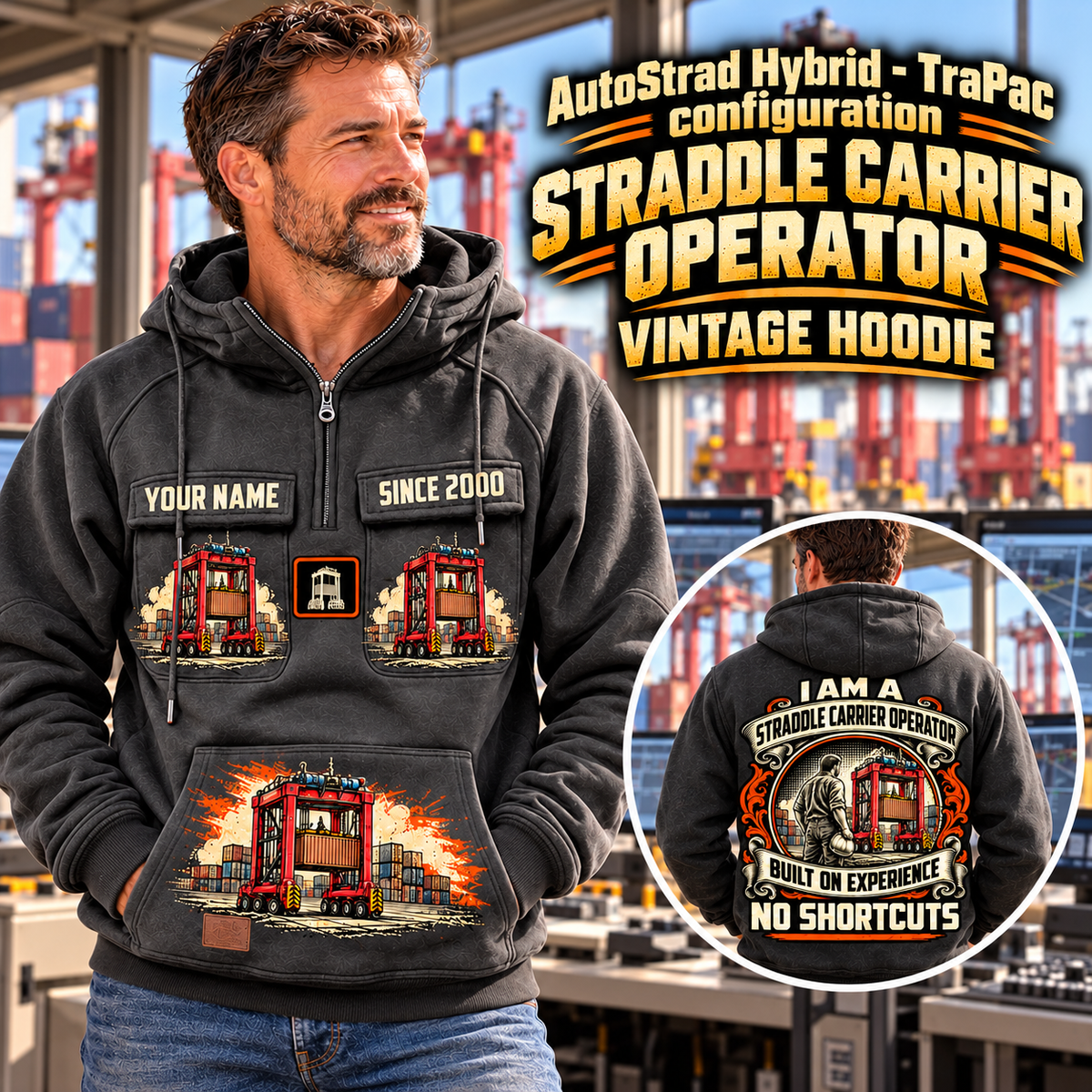 Personalized Kalmar AutoStrad Hybrid Straddle Carrier Vintage Hoodie - TraPac Configuration in Dark Gray, front and back artwork with YOUR NAME and SINCE 2000 sample text.