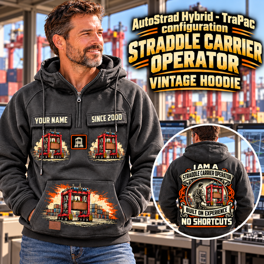 Personalized Kalmar AutoStrad Hybrid Straddle Carrier Vintage Hoodie - TraPac Configuration in Dark Gray, front and back artwork with YOUR NAME and SINCE 2000 sample text.
