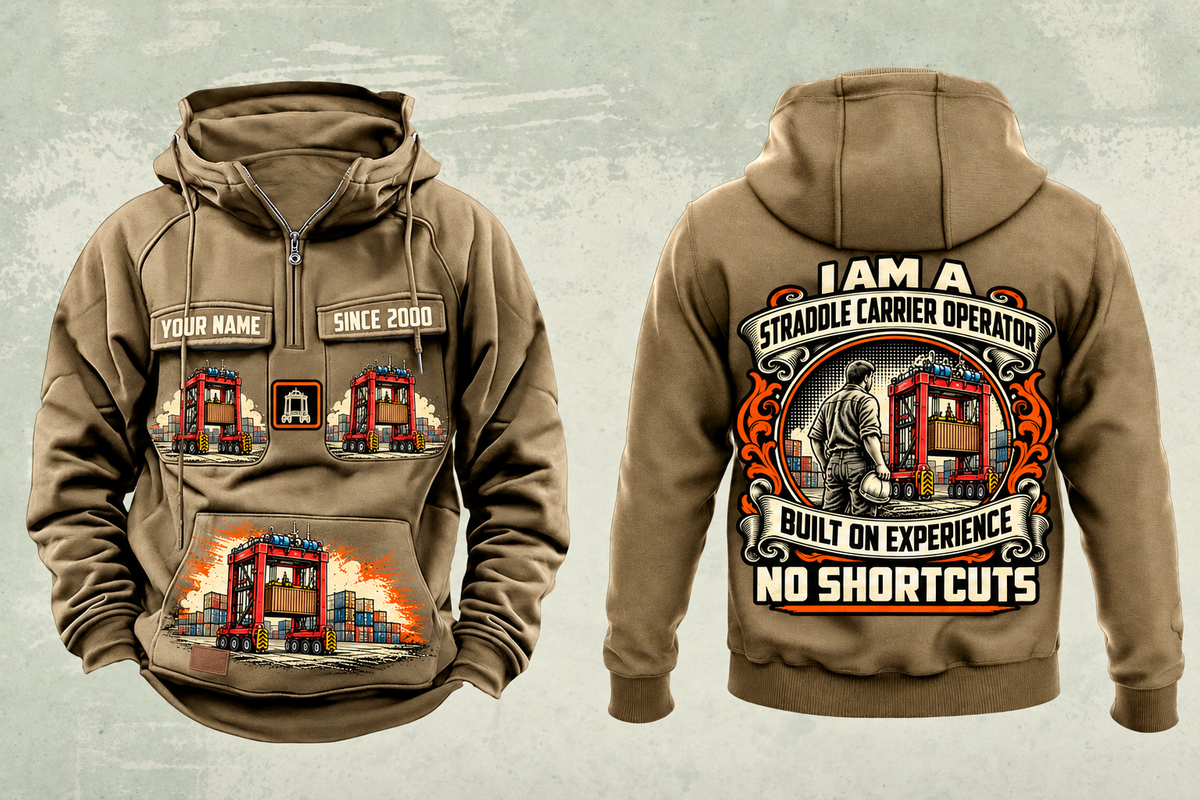 Personalized Kalmar AutoStrad Hybrid Straddle Carrier Vintage Hoodie - TraPac Configuration in kaki, front and back artwork with YOUR NAME and SINCE 2000 sample text.