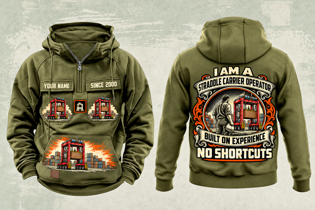 Personalized Kalmar AutoStrad Hybrid Straddle Carrier Vintage Hoodie - TraPac Configuration in military-green, front and back artwork with YOUR NAME and SINCE 2000 sample text.