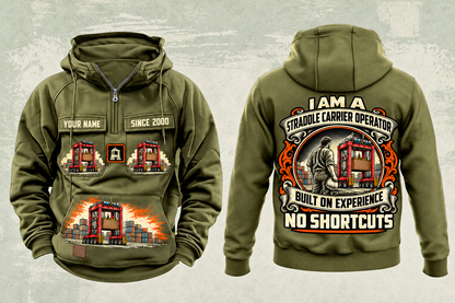 Personalized Kalmar AutoStrad Hybrid Straddle Carrier Vintage Hoodie - TraPac Configuration in military-green, front and back artwork with YOUR NAME and SINCE 2000 sample text.
