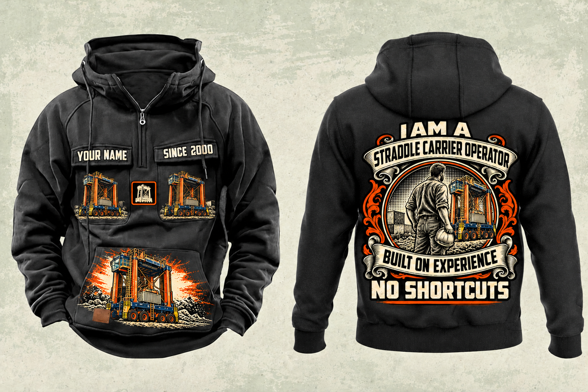 Personalized Konecranes Noell Hybrid Straddle Carrier Vintage Hoodie - PNCT Configuration in black, front and back artwork with YOUR NAME and SINCE 2000 sample text.