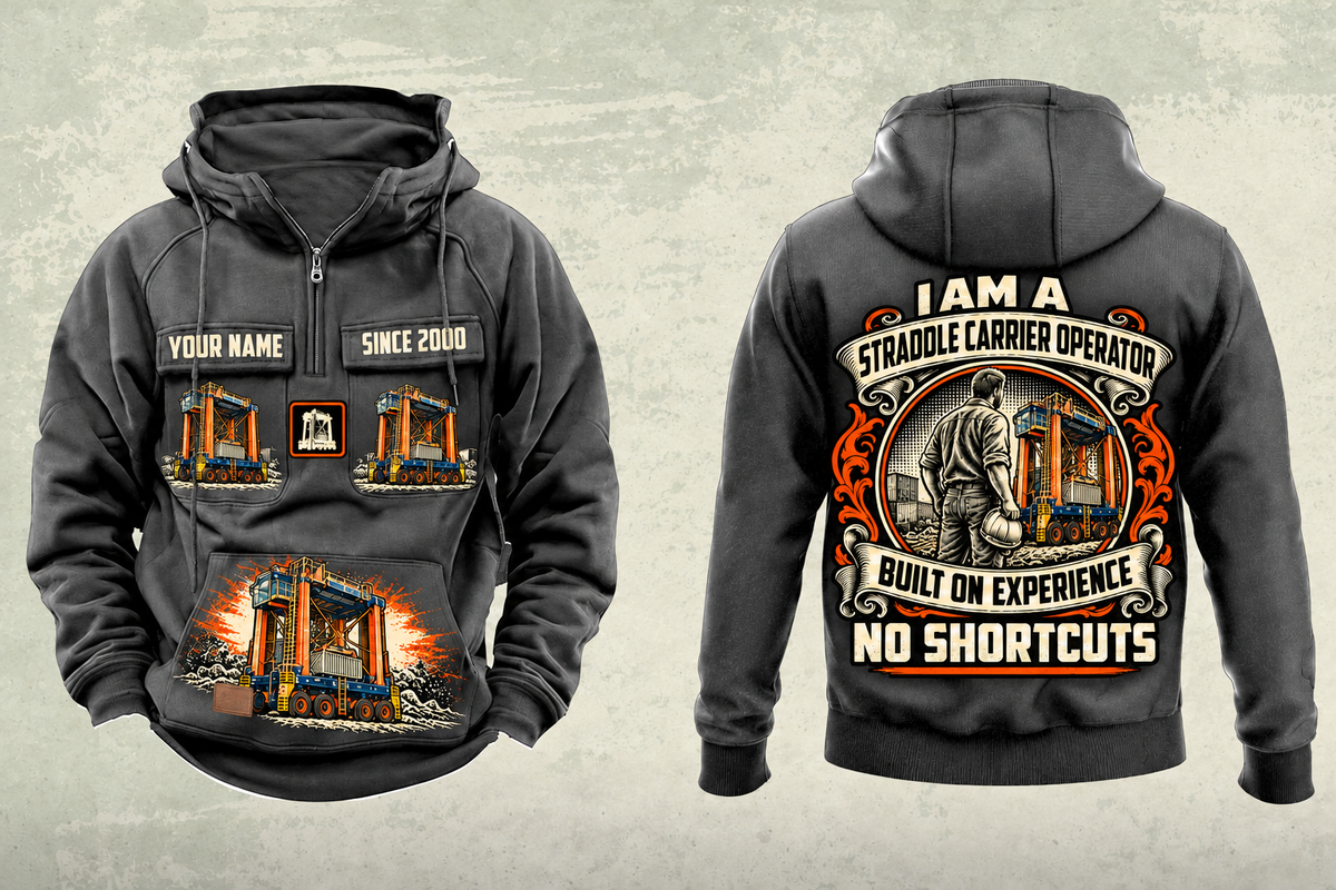 Personalized Konecranes Noell Hybrid Straddle Carrier Vintage Hoodie - PNCT Configuration in dark-gray, front and back artwork with YOUR NAME and SINCE 2000 sample text.