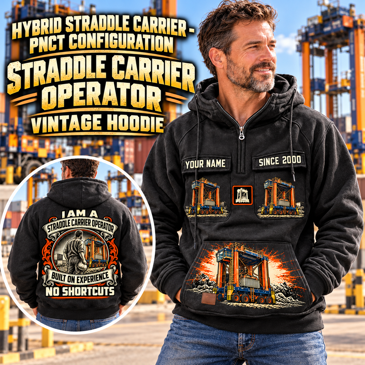 Personalized Konecranes Noell Hybrid Straddle Carrier Vintage Hoodie - PNCT Configuration in Black, front and back artwork with YOUR NAME and SINCE 2000 sample text.