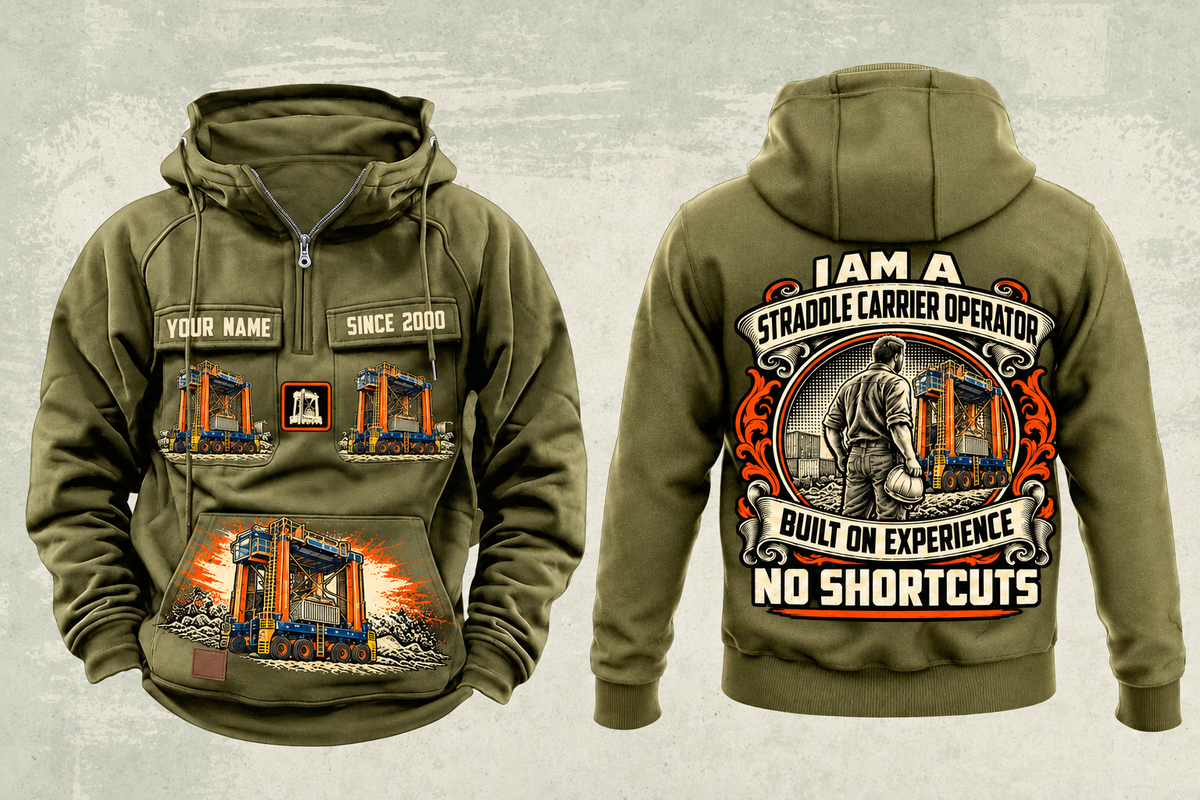 Personalized Konecranes Noell Hybrid Straddle Carrier Vintage Hoodie - PNCT Configuration in military-green, front and back artwork with YOUR NAME and SINCE 2000 sample text.