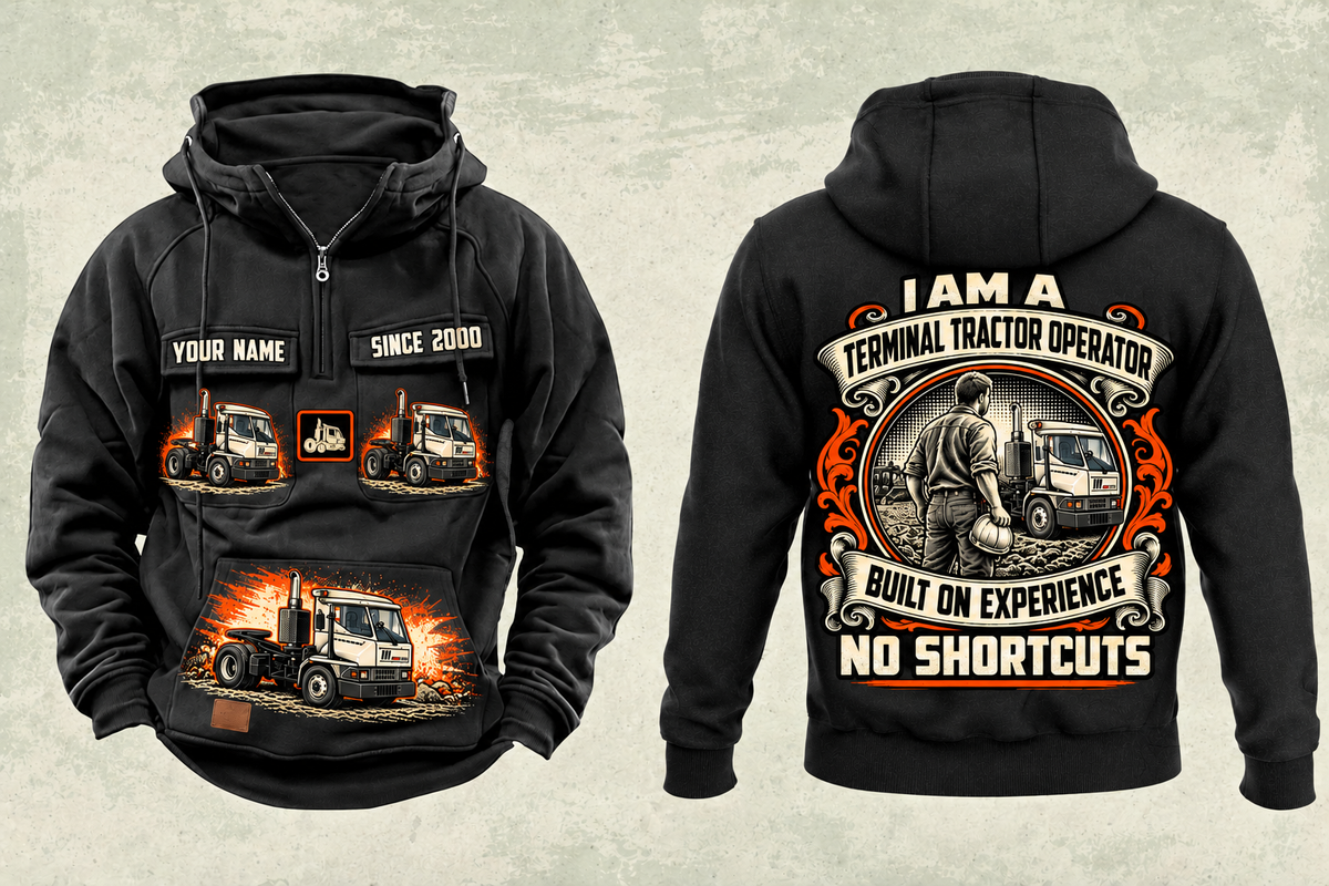 Personalized Kalmar Ottawa T2 4x2 Terminal Tractor Vintage Hoodie in black, front and back artwork with YOUR NAME and SINCE 2000 sample text.