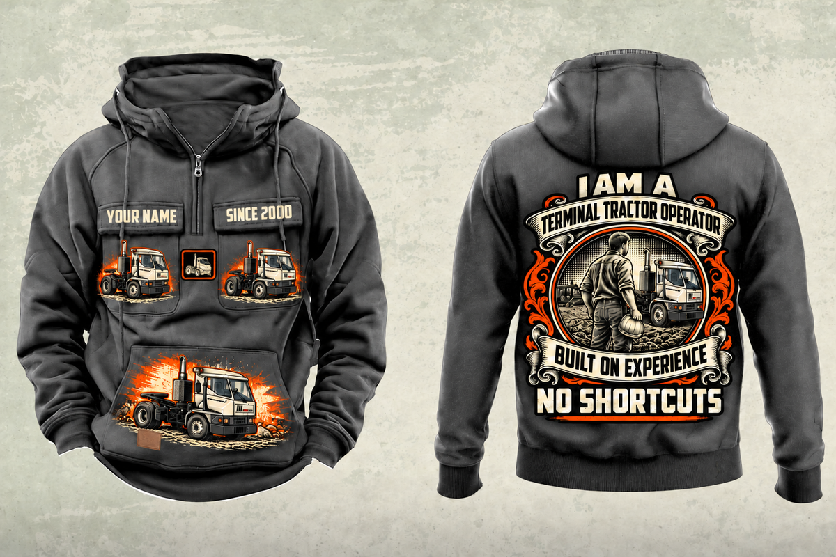 Personalized Kalmar Ottawa T2 4x2 Terminal Tractor Vintage Hoodie in dark-gray, front and back artwork with YOUR NAME and SINCE 2000 sample text.