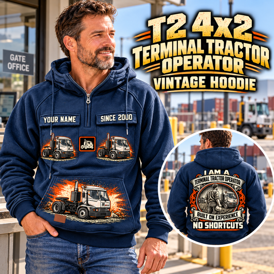 Personalized Kalmar Ottawa T2 4x2 Terminal Tractor Vintage Hoodie in Dark Blue, front and back artwork with YOUR NAME and SINCE 2000 sample text.