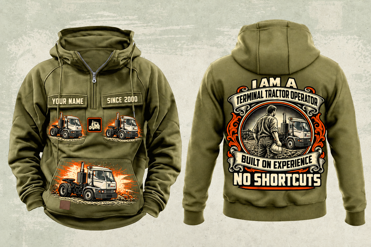 Personalized Kalmar Ottawa T2 4x2 Terminal Tractor Vintage Hoodie in military-green, front and back artwork with YOUR NAME and SINCE 2000 sample text.