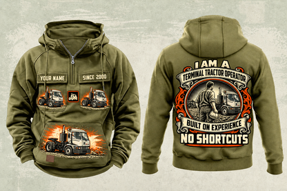 Personalized Kalmar Ottawa T2 4x2 Terminal Tractor Vintage Hoodie in military-green, front and back artwork with YOUR NAME and SINCE 2000 sample text.
