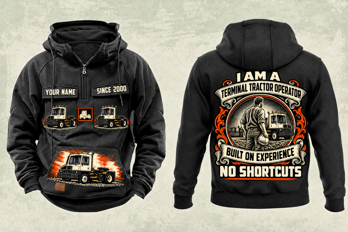 Personalized Capacity TJ 5000 Terminal Tractor Vintage Hoodie in black, front and back artwork with YOUR NAME and SINCE 2000 sample text.