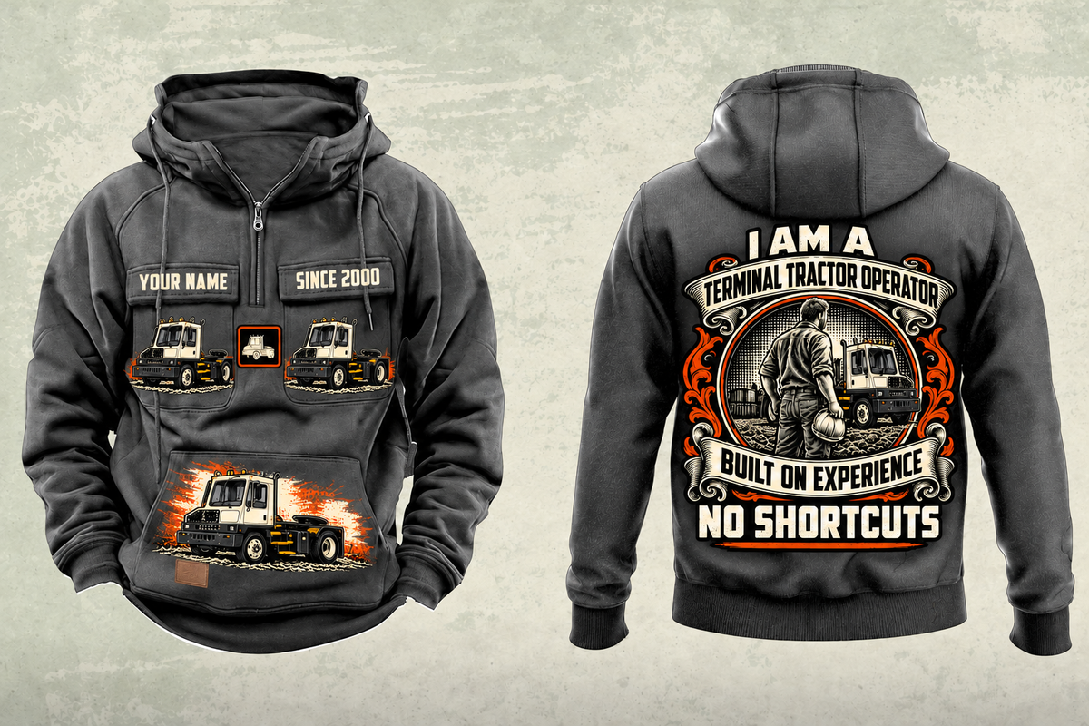 Personalized Capacity TJ 5000 Terminal Tractor Vintage Hoodie in dark-gray, front and back artwork with YOUR NAME and SINCE 2000 sample text.