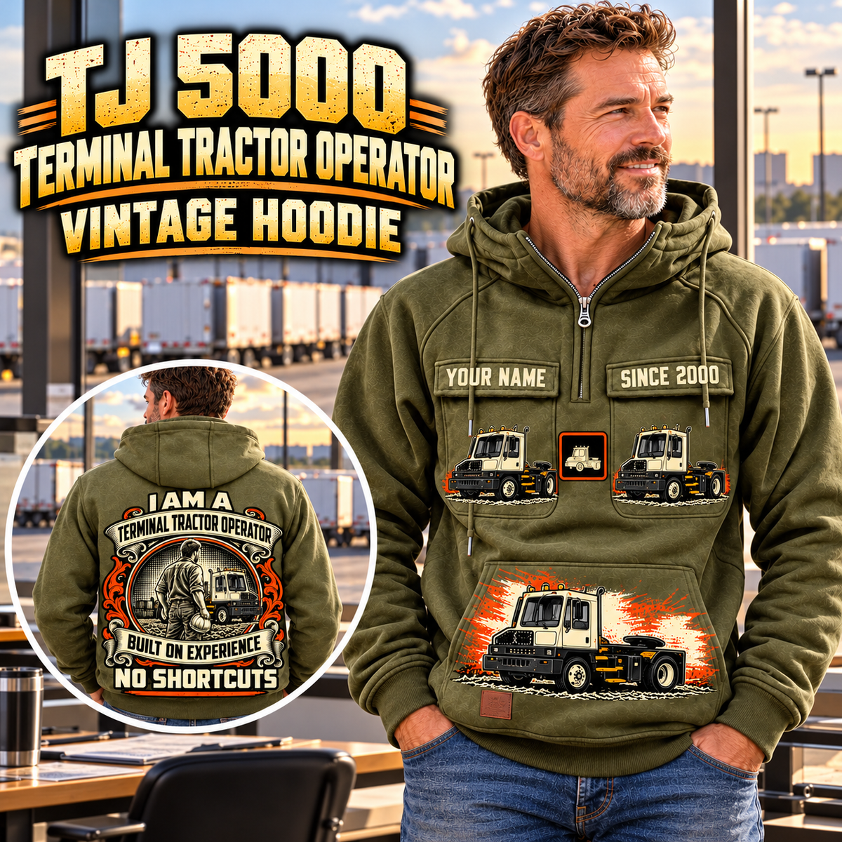 Personalized Capacity TJ 5000 Terminal Tractor Vintage Hoodie in Military Green, front and back artwork with YOUR NAME and SINCE 2000 sample text.