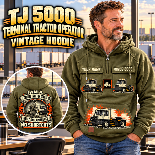 Personalized Capacity TJ 5000 Terminal Tractor Vintage Hoodie in Military Green, front and back artwork with YOUR NAME and SINCE 2000 sample text.