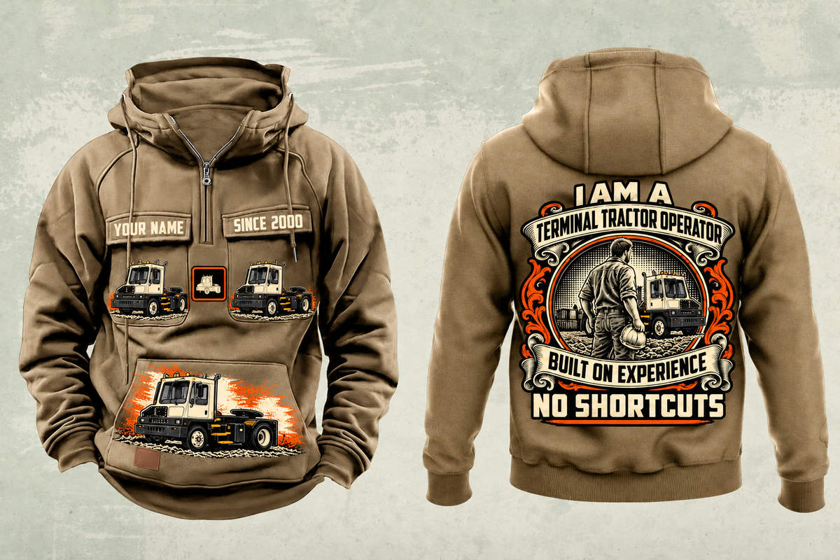 Personalized Capacity TJ 5000 Terminal Tractor Vintage Hoodie in kaki, front and back artwork with YOUR NAME and SINCE 2000 sample text.