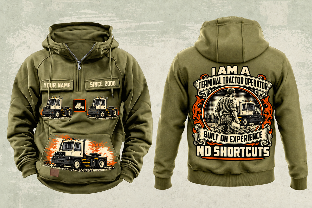 Personalized Capacity TJ 5000 Terminal Tractor Vintage Hoodie in military-green, front and back artwork with YOUR NAME and SINCE 2000 sample text.