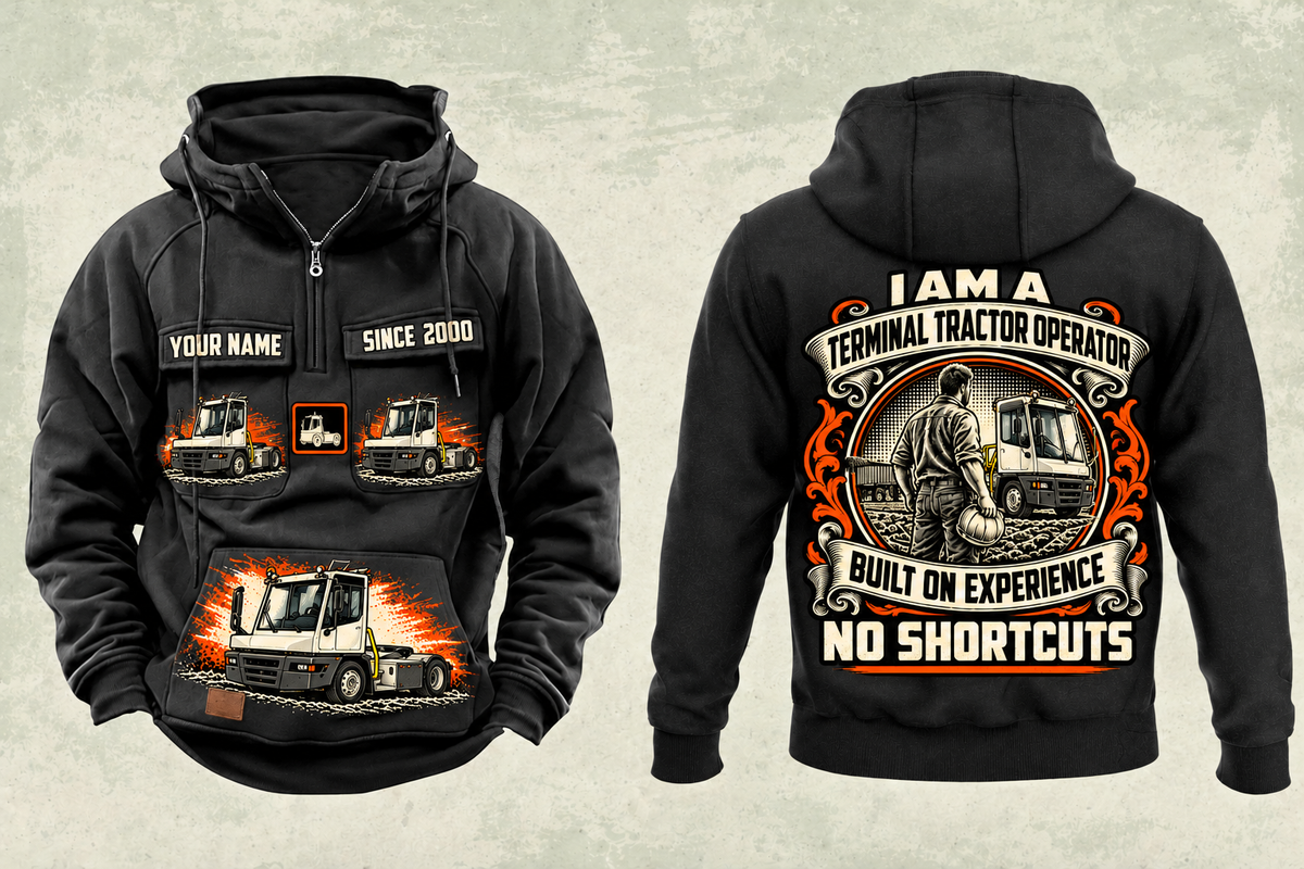 Personalized Terberg YT193 Terminal Tractor Vintage Hoodie in black, front and back artwork with YOUR NAME and SINCE 2000 sample text.