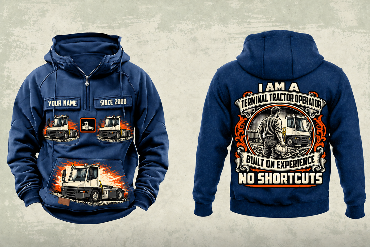 Personalized Terberg YT193 Terminal Tractor Vintage Hoodie in dark-blue, front and back artwork with YOUR NAME and SINCE 2000 sample text.