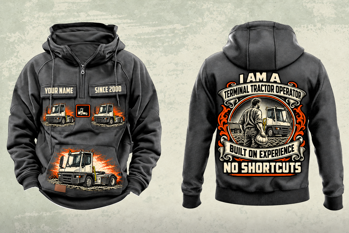 Personalized Terberg YT193 Terminal Tractor Vintage Hoodie in dark-gray, front and back artwork with YOUR NAME and SINCE 2000 sample text.