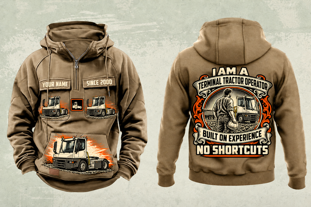 Personalized Terberg YT193 Terminal Tractor Vintage Hoodie in kaki, front and back artwork with YOUR NAME and SINCE 2000 sample text.