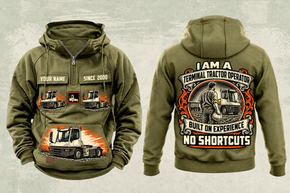 Personalized Terberg YT193 Terminal Tractor Vintage Hoodie in military-green, front and back artwork with YOUR NAME and SINCE 2000 sample text.