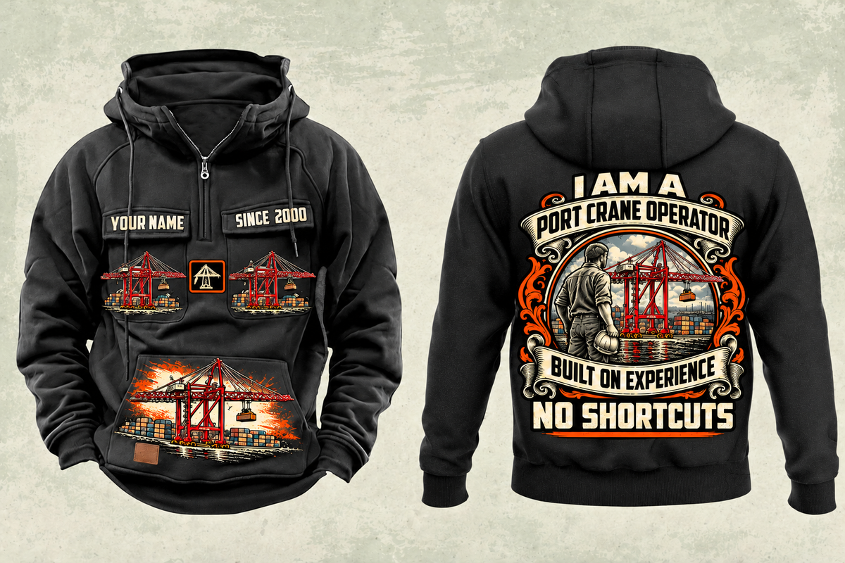Personalized Liebherr STS 69 m Port Crane Vintage Hoodie - PNCT Configuration in black, front and back artwork with YOUR NAME and SINCE 2000 sample text.