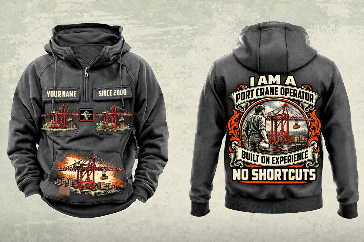 Personalized Liebherr STS 69 m Port Crane Vintage Hoodie - PNCT Configuration in dark-gray, front and back artwork with YOUR NAME and SINCE 2000 sample text.