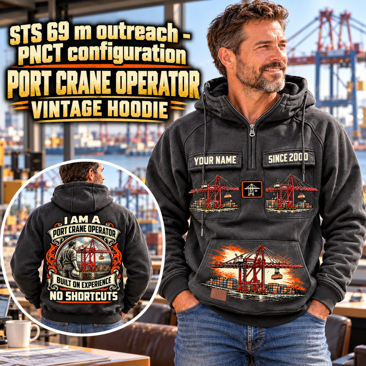 Personalized Liebherr STS 69 m Port Crane Vintage Hoodie - PNCT Configuration in Dark Gray, front and back artwork with YOUR NAME and SINCE 2000 sample text.