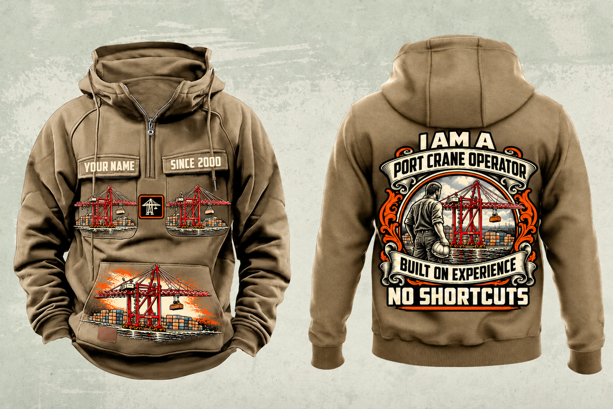 Personalized Liebherr STS 69 m Port Crane Vintage Hoodie - PNCT Configuration in kaki, front and back artwork with YOUR NAME and SINCE 2000 sample text.