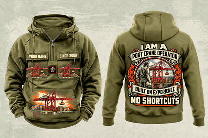 Personalized Liebherr STS 69 m Port Crane Vintage Hoodie - PNCT Configuration in military-green, front and back artwork with YOUR NAME and SINCE 2000 sample text.
