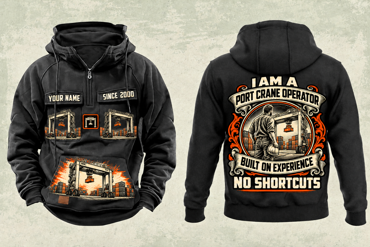 Personalized Konecranes Hybrid RTG Port Crane Vintage Hoodie - Savannah Configuration in black, front and back artwork with YOUR NAME and SINCE 2000 sample text.