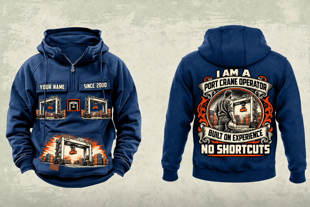 Personalized Konecranes Hybrid RTG Port Crane Vintage Hoodie - Savannah Configuration in dark-blue, front and back artwork with YOUR NAME and SINCE 2000 sample text.