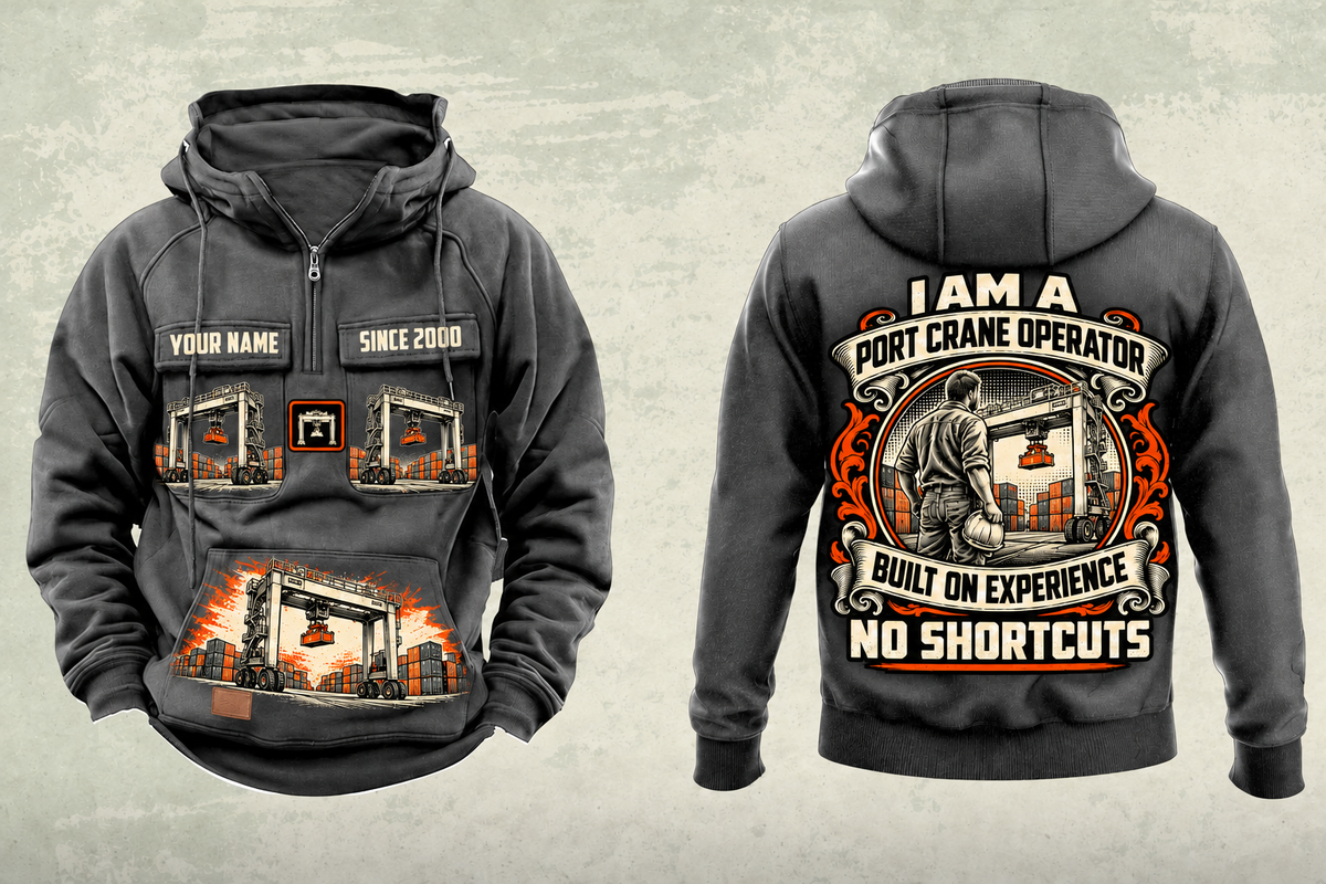 Personalized Konecranes Hybrid RTG Port Crane Vintage Hoodie - Savannah Configuration in dark-gray, front and back artwork with YOUR NAME and SINCE 2000 sample text.