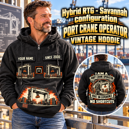 Personalized Konecranes Hybrid RTG Port Crane Vintage Hoodie - Savannah Configuration in Black, front and back artwork with YOUR NAME and SINCE 2000 sample text.