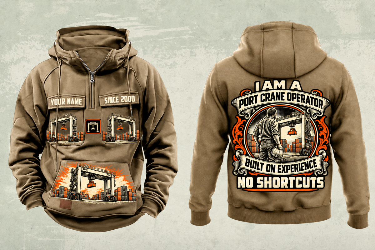 Personalized Konecranes Hybrid RTG Port Crane Vintage Hoodie - Savannah Configuration in kaki, front and back artwork with YOUR NAME and SINCE 2000 sample text.