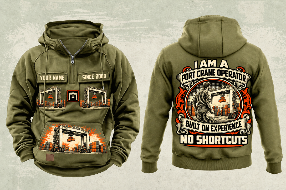 Personalized Konecranes Hybrid RTG Port Crane Vintage Hoodie - Savannah Configuration in military-green, front and back artwork with YOUR NAME and SINCE 2000 sample text.