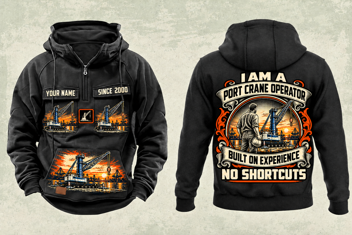Personalized Liebherr LHM 550 Electric High-Rise Port Crane Vintage Hoodie in black, front and back artwork with YOUR NAME and SINCE 2000 sample text.