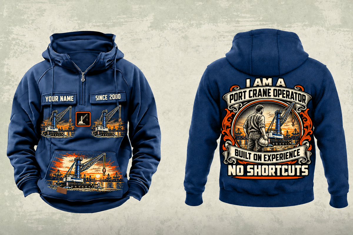Personalized Liebherr LHM 550 Electric High-Rise Port Crane Vintage Hoodie in dark-blue, front and back artwork with YOUR NAME and SINCE 2000 sample text.