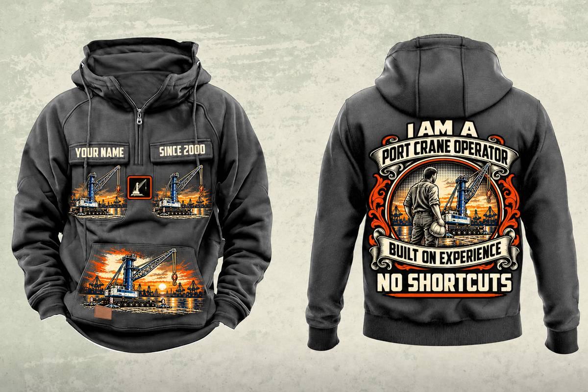 Personalized Liebherr LHM 550 Electric High-Rise Port Crane Vintage Hoodie in dark-gray, front and back artwork with YOUR NAME and SINCE 2000 sample text.