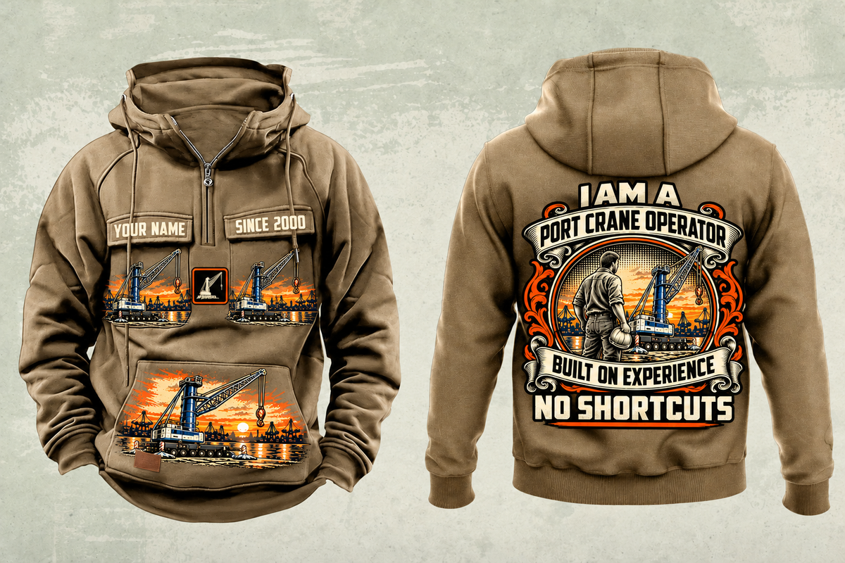 Personalized Liebherr LHM 550 Electric High-Rise Port Crane Vintage Hoodie in kaki, front and back artwork with YOUR NAME and SINCE 2000 sample text.