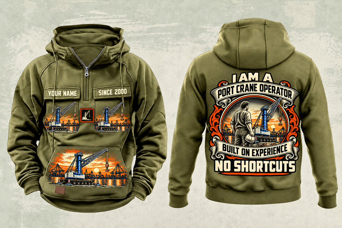 Personalized Liebherr LHM 550 Electric High-Rise Port Crane Vintage Hoodie in military-green, front and back artwork with YOUR NAME and SINCE 2000 sample text.
