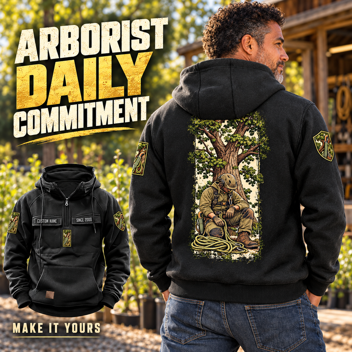 Black Arborist Daily Commitment Portrait Vintage Hoodie worn off-duty at a tree nursery, showing the kneeling-arborist tree graphic on the back and a smaller front view with CUSTOM NAME and SINCE 2000.