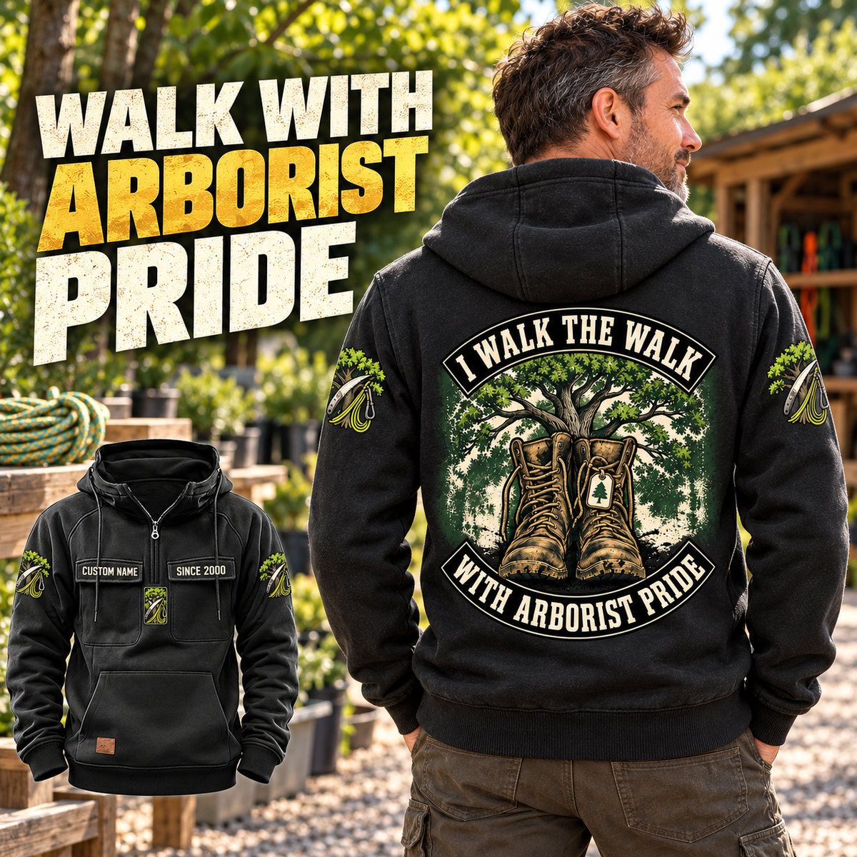 Black Arborist Walk the Walk Badge Vintage Hoodie worn in a leafy tree-care yard, showing its large boots-and-tree back print and a smaller front view with CUSTOM NAME and SINCE 2000.