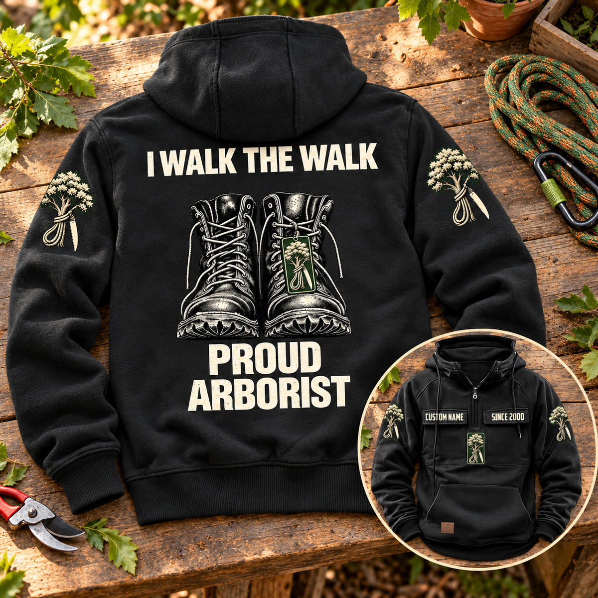 Black Arborist Proud Walk Vintage Hoodie on a leafy tree-care workbench, with cream I WALK THE WALK and PROUD ARBORIST boot artwork and a smaller front inset showing CUSTOM NAME and SINCE 2000.
