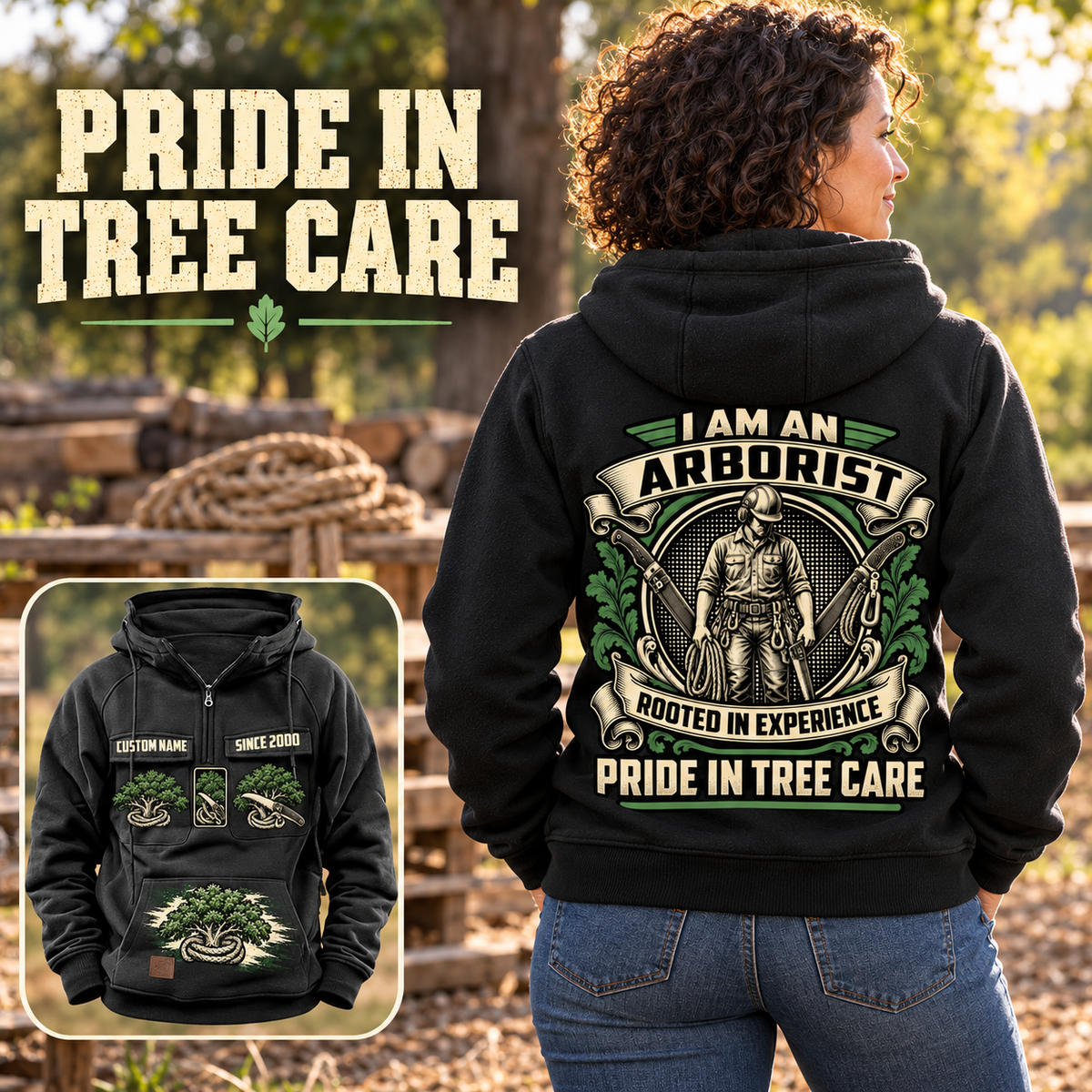 Black Arborist Heritage Crest Vintage Hoodie worn from the back in a sunlit tree-care yard, with cream and green arborist crest and a smaller front view showing CUSTOM NAME and SINCE 2000.