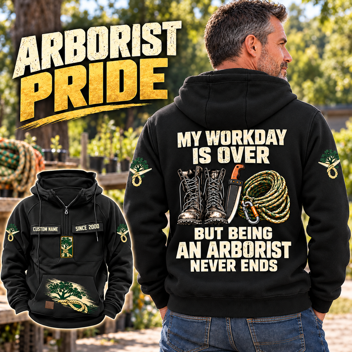 Black Arborist Never Ends Vintage Hoodie on an off-duty adult in a tree nursery, showing the back artwork and a smaller front view.